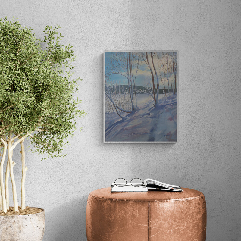 Landscape painting, Winter Magic, by artterra artist Kathy Teasdale hanged on wall beside planter and ottoman