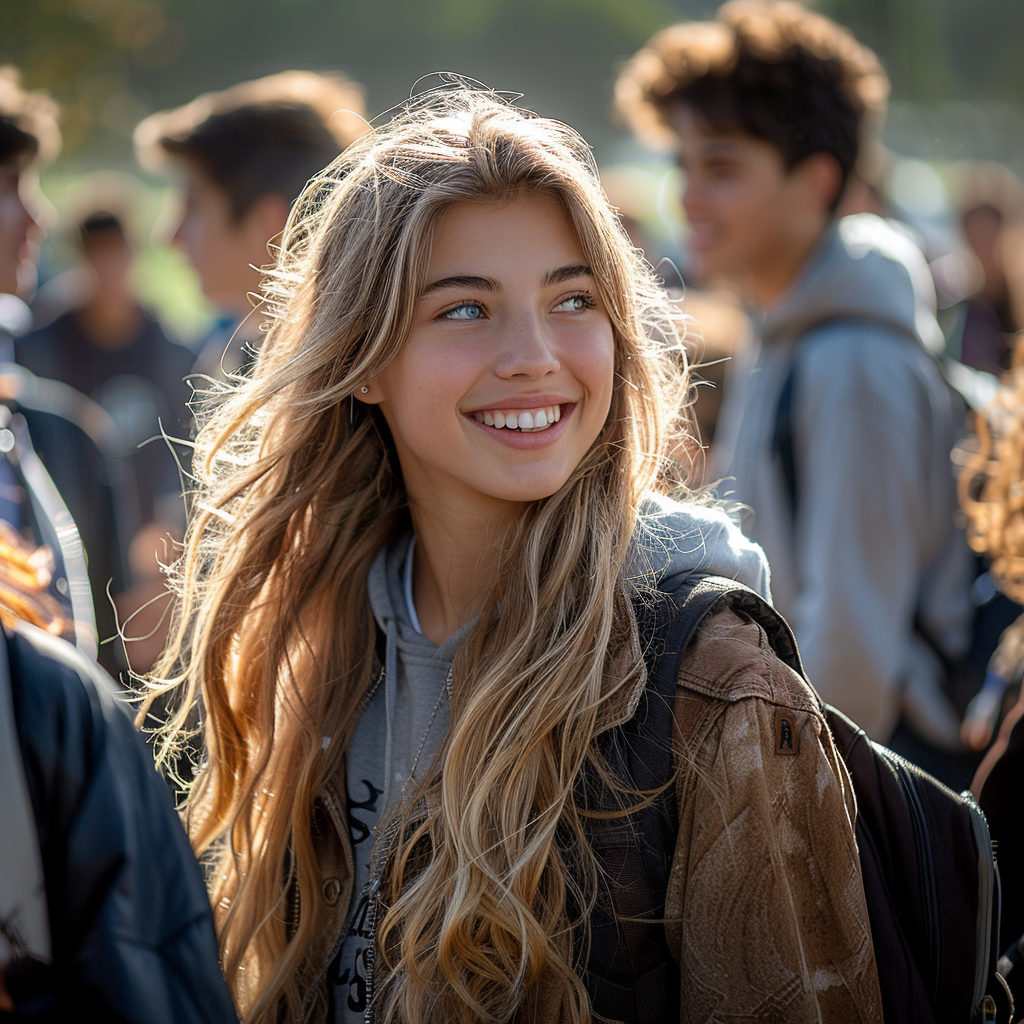 an image of an adolescent woman smiling in conversation with friends