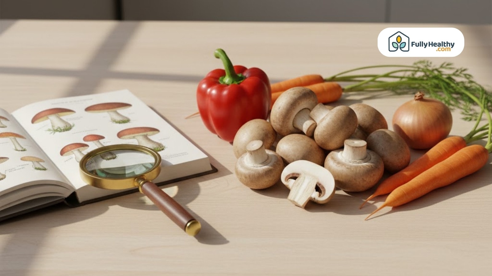 Mushrooms carrots pepper and onion beside mushroom guidebook and magnifying glass on table