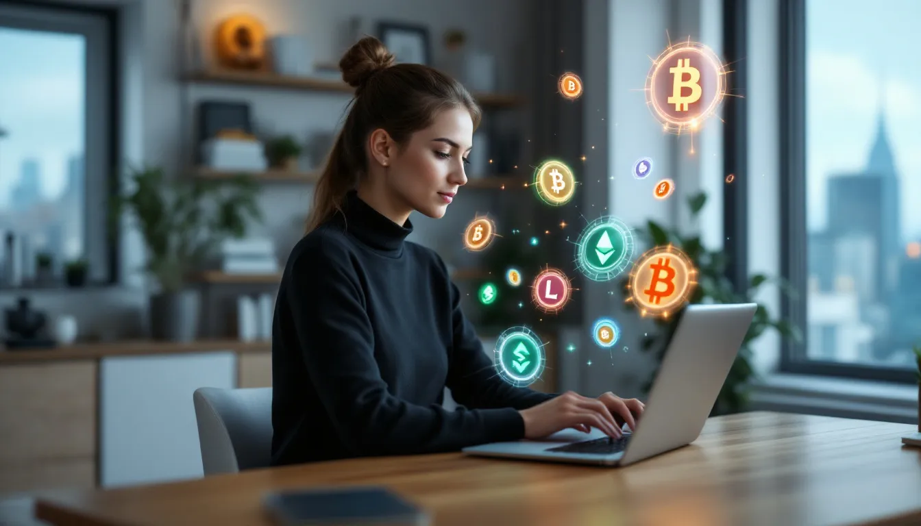 The image depicts a person sitting at a desk, focused on a laptop while various cryptocurrency symbols float around them, symbolizing the digital currency world. The scene conveys a sense of connection and security as the individual appears to be completing a verification process related to cryptocurrency transactions.