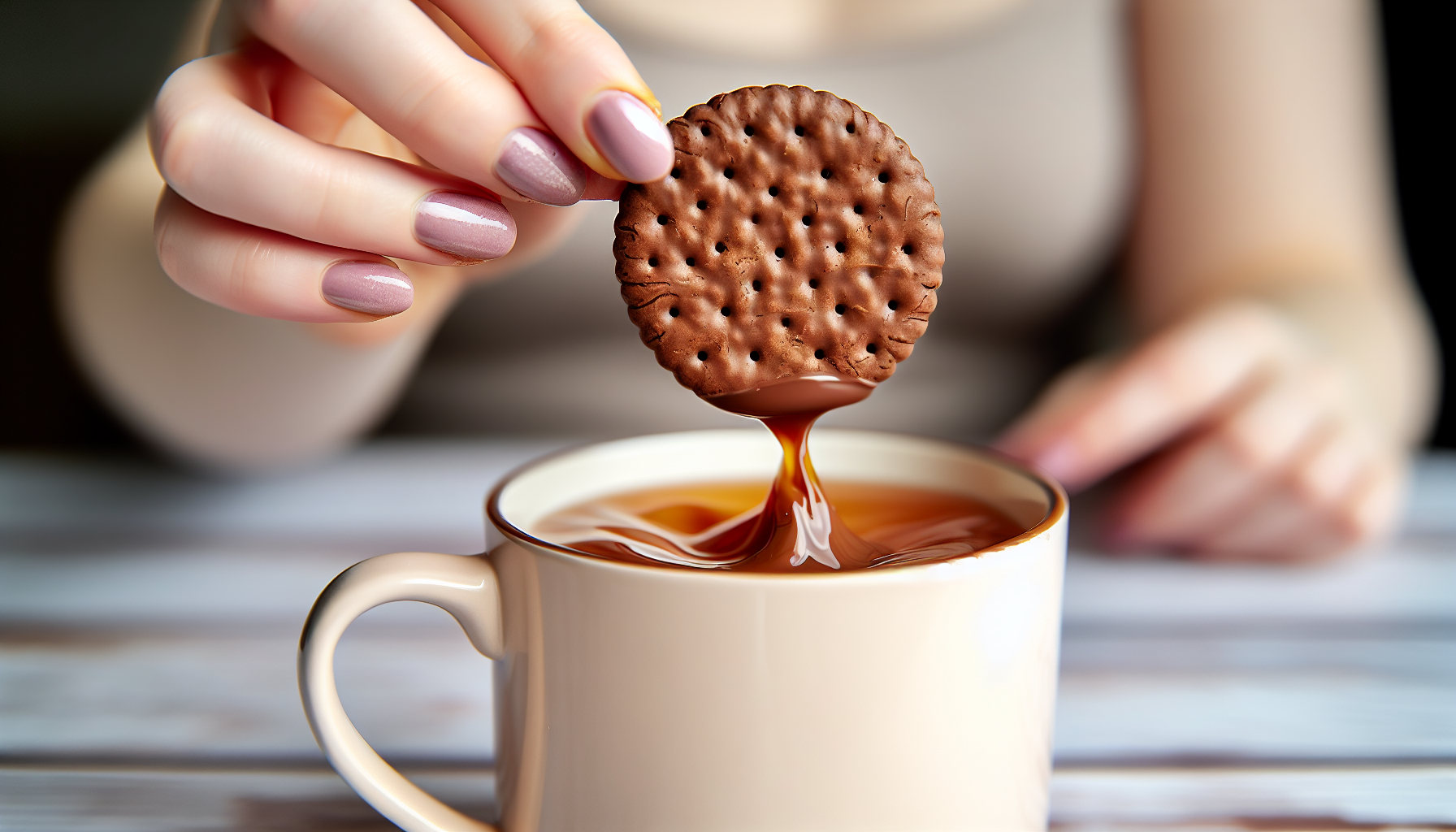 Dunking a chocolate digestive in a cup of tea