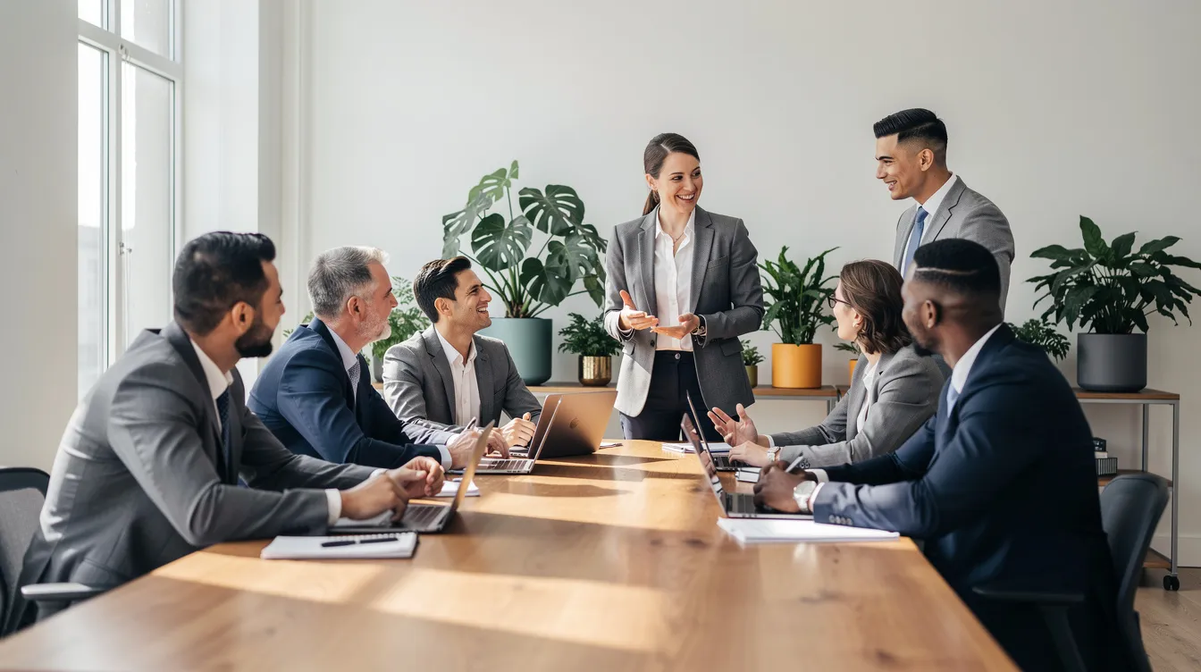Une équipe de professionnels discute autour d'une table dans un bureau lumineux, agrémenté de plantes vertes qui apportent une touche de bien-être. Cette scène illustre l'importance du travail d'équipe et de la motivation dans le milieu professionnel.