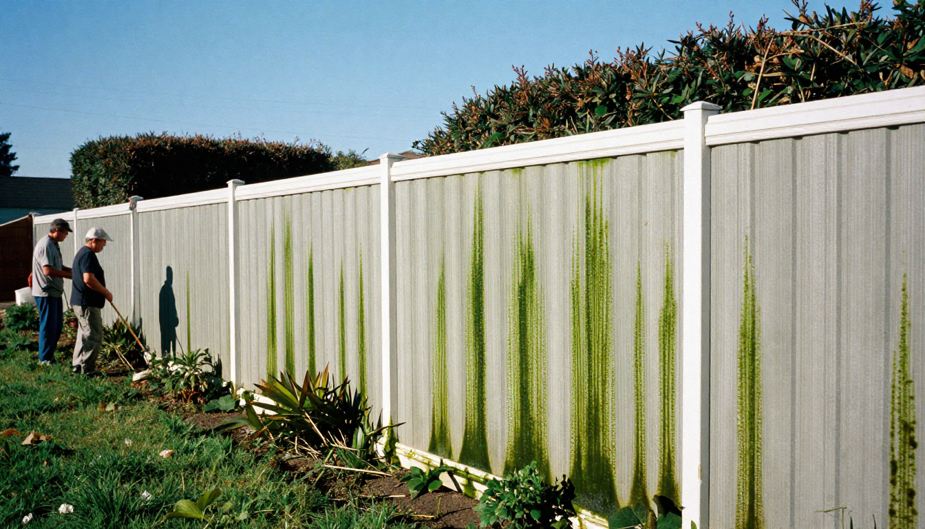 vinyl fence with algae and green staining