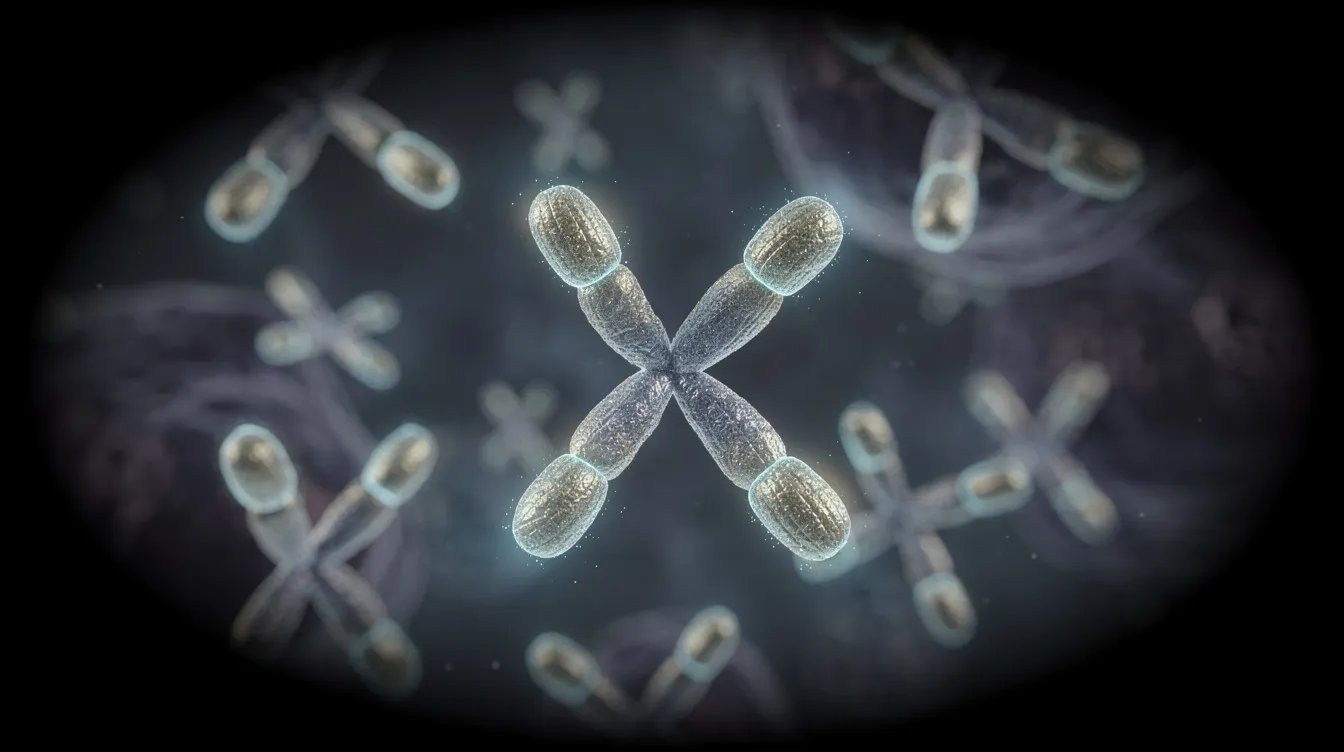 The image presents a microscopic view of human chromosomes, highlighting the protective caps known as telomeres at their ends. These telomeres play a crucial role in cellular aging and are essential for understanding telomere length and its implications for health outcomes, including the aging process and increased risk of age-related diseases.