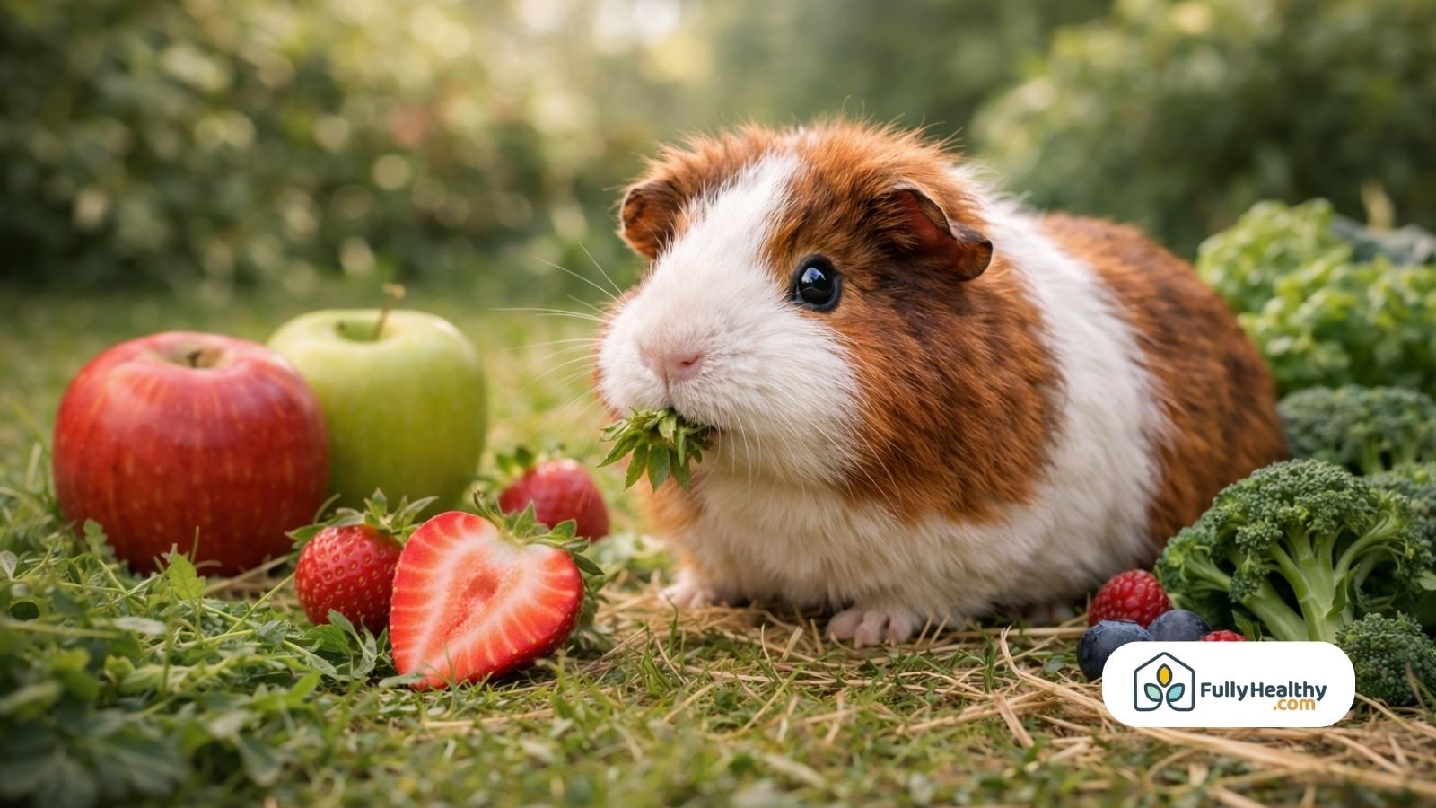 Guinea pig chewing leafy strawberry surrounded by apples and fresh greens