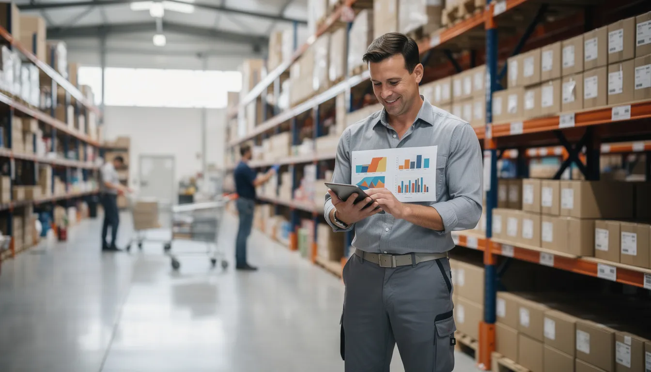 A small business owner stands confidently in a modern wholesale distribution warehouse, reviewing sales numbers on a tablet amidst organized shelving and inventory. The atmosphere reflects financial progress and operational success, highlighting the impact of a loan approved, while employees work efficiently in the background.