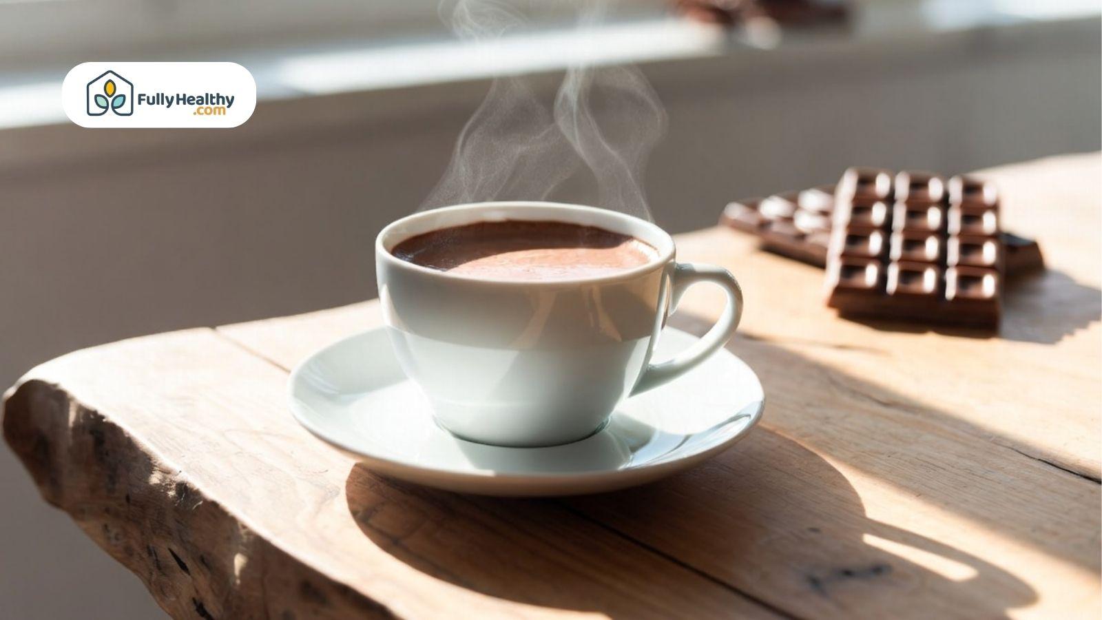 Steaming cup of hot chocolate with chocolate bars in the background.