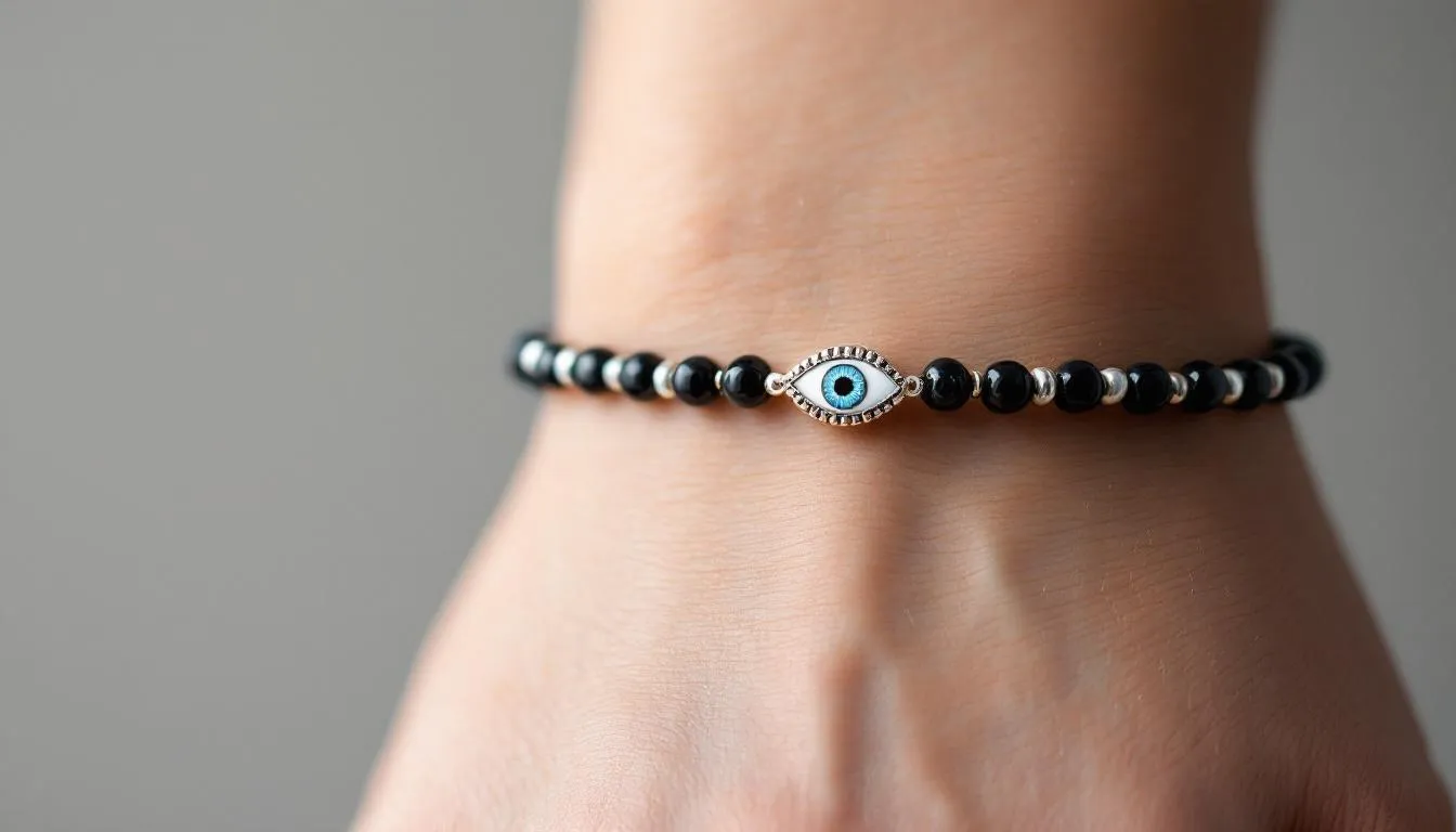 The image features a delicate tiny evil eye bracelet, showcasing a vibrant turquoise charm that symbolizes protection against negative energy and brings good fortune. This stylish accessory is perfect for adding a touch of meaning to any outfit, making it a desirable choice for those shopping on platforms like Etsy.