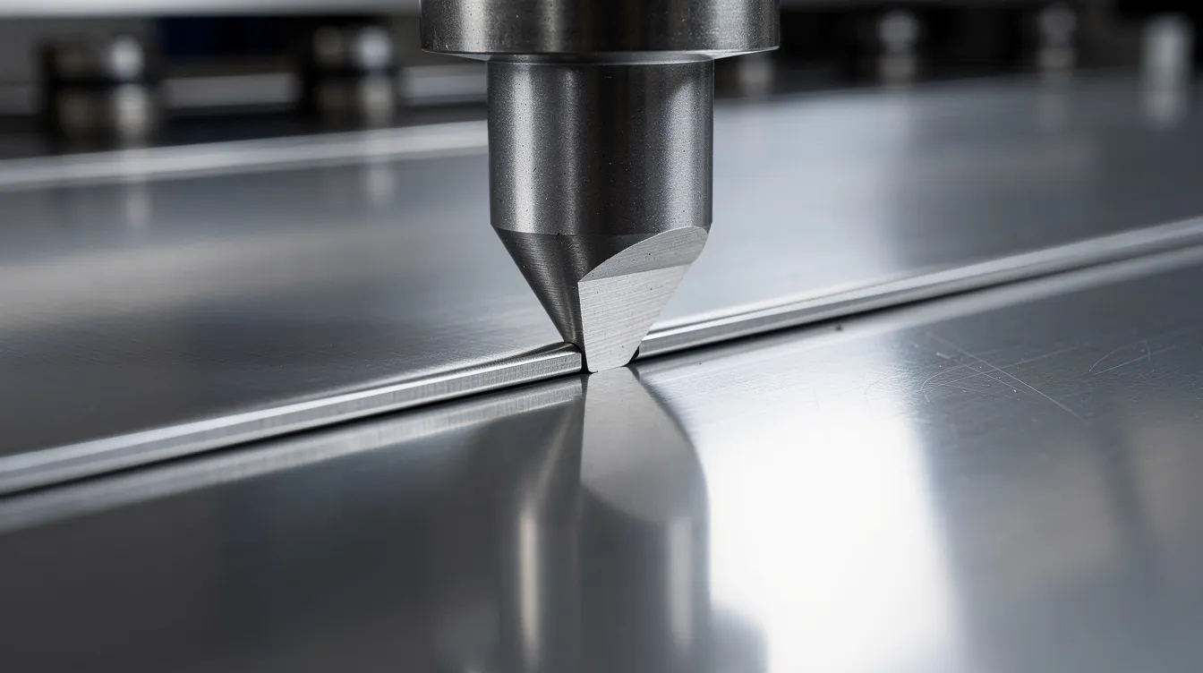 A close-up image shows a CNC press brake punch applying pressure to a polished stainless steel sheet during a bending process, creating a precise bend at a desired angle. The scene highlights the intricate interaction between the punch and the stainless steel, emphasizing the technology used in bending stainless steel sheets in various industries.