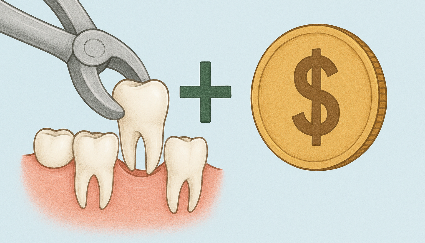 Refusjon ved trekking av tenner – Hva har du rett på? 13 Illustrasjon av tanntrekking med tang og myntsymbol, som viser sammenhengen mellom behandling og refusjon.