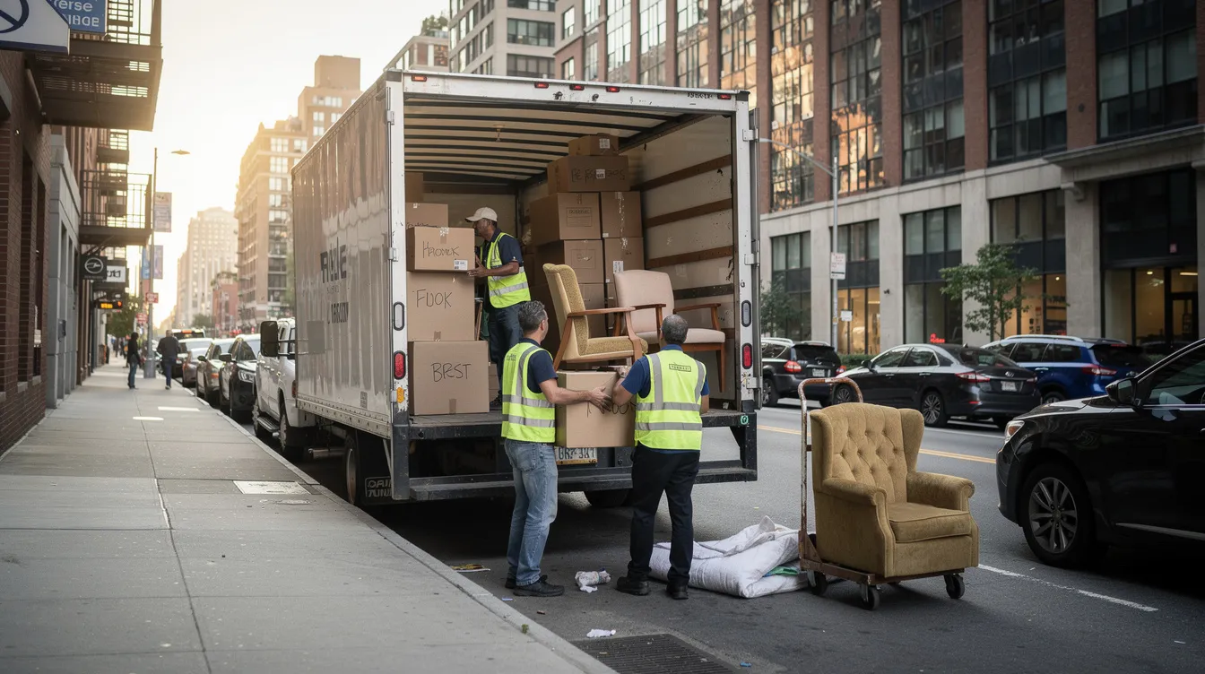 Junk removal crew loading furniture and boxes into a truck on a narrow Philadelphia street during a hoarding cleanout