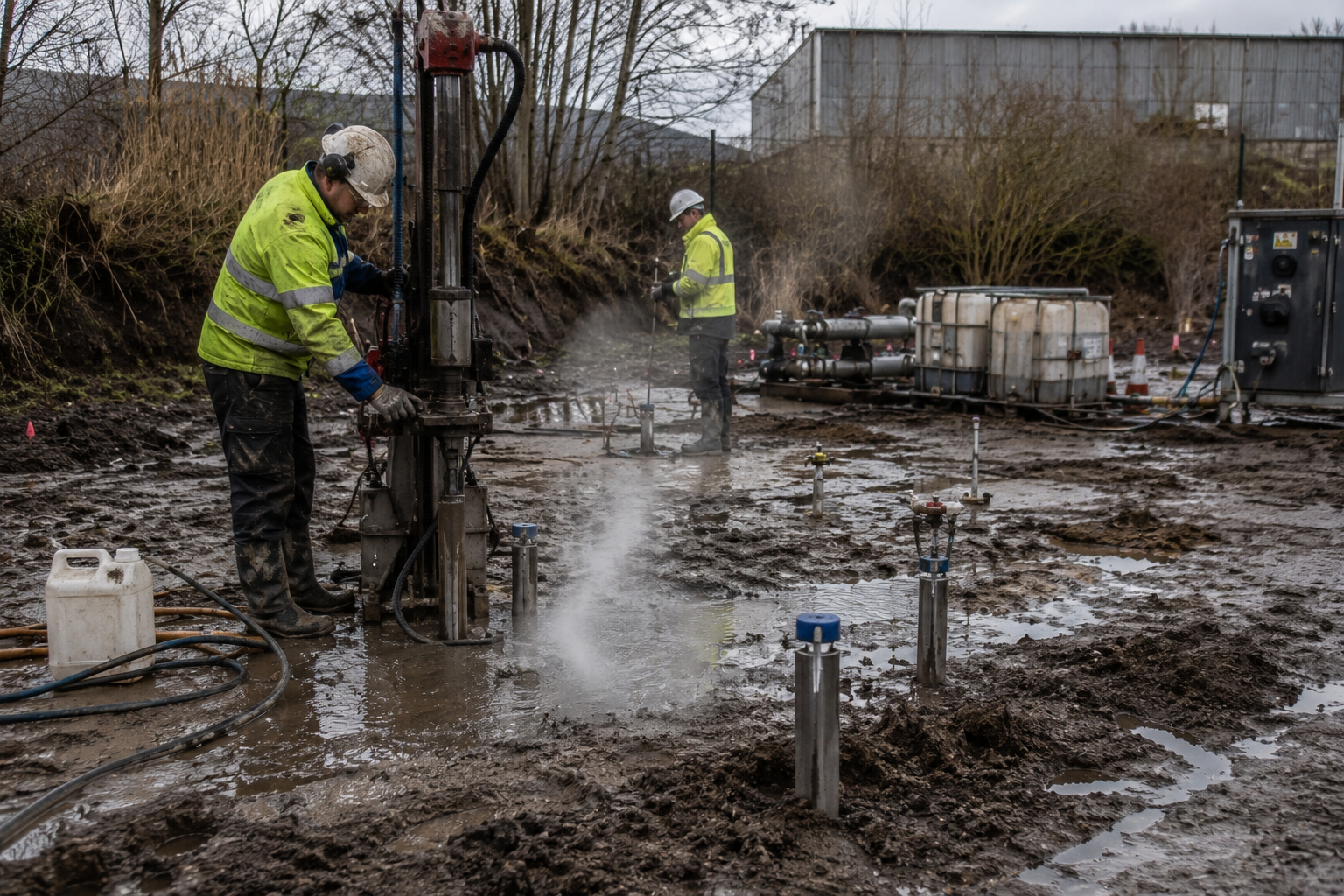 Engineers carrying out in situ soil remediation treatment on contaminated land.