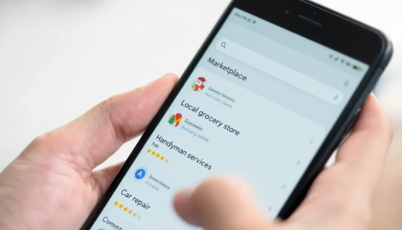 A mobile phone screen shows local search results for various marketplace services, highlighting product listings and relevant keywords. The display illustrates how search engines optimize visibility and drive traffic to online marketplaces through effective SEO strategies.