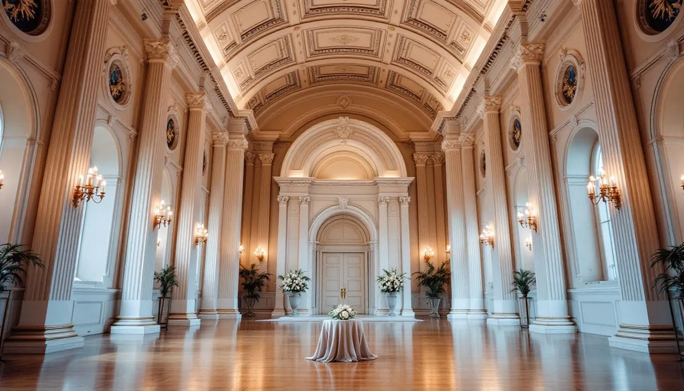 Ein eleganter Saal mit hohen Decken und klassischen Säulen, der sich ideal für Trauzeremonien eignet. Diese Hochzeitslocation in Stuttgart bietet ein stilvolles Ambiente für eine traumhafte Hochzeit und schafft einen unvergesslichen Rahmen für das Brautpaar und ihre Gäste.