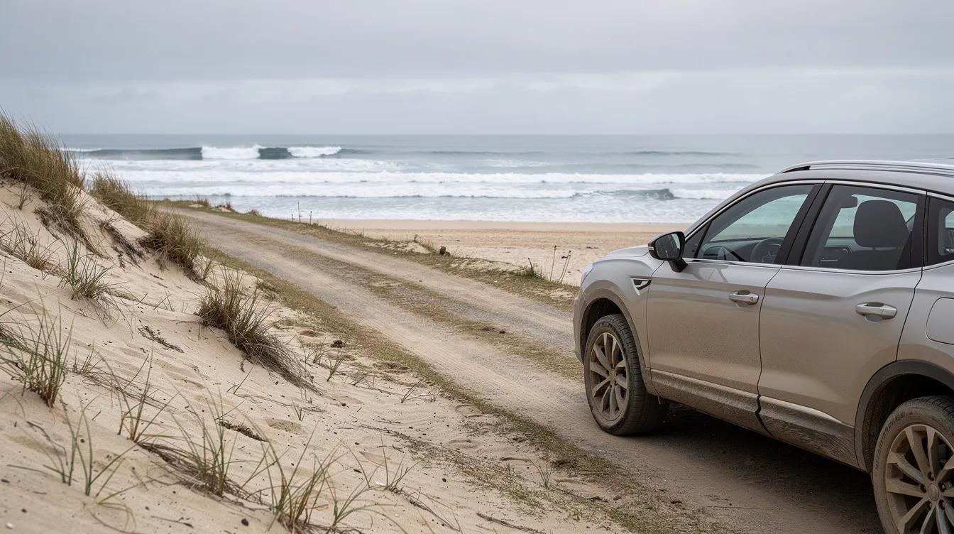 Light SUV parked on a dirt track next to an Atlantic beach.