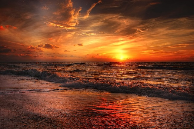 beach, sunset, waves