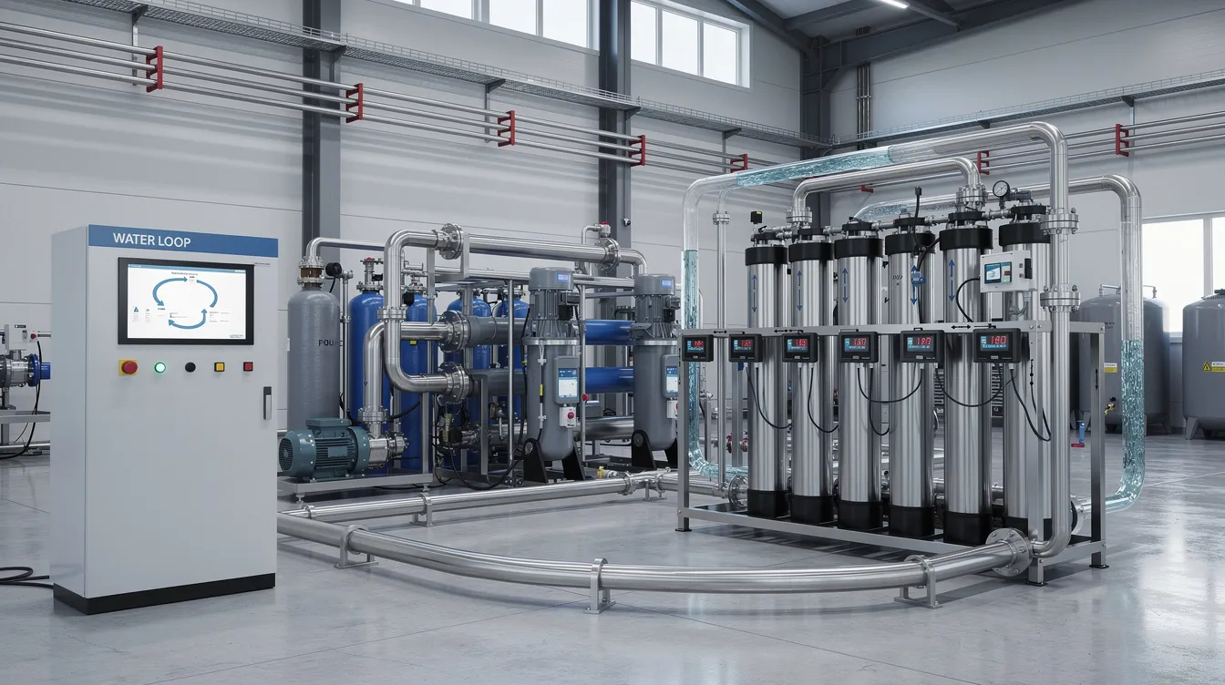 The image depicts a realistic closed loop water treatment system in an industrial setting, showcasing various components like heat exchangers and filtration units designed to enhance system efficiency and prevent issues such as microbial growth and scale formation. This closed recirculating water system aims to maintain water quality and extend equipment life while minimizing operational costs through proper treatment methods.