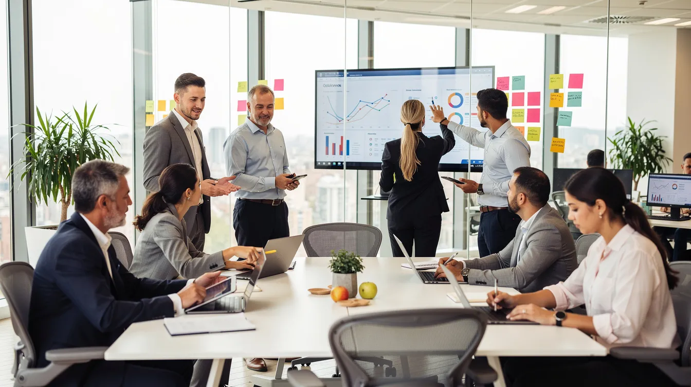 The image depicts a diverse group of professionals collaborating in a modern office environment, showcasing teamwork and inclusivity. They are engaged in discussions around a table, highlighting the dynamic nature of the workplace, which is essential for obtaining an employment permit or visa application for work in Ireland.