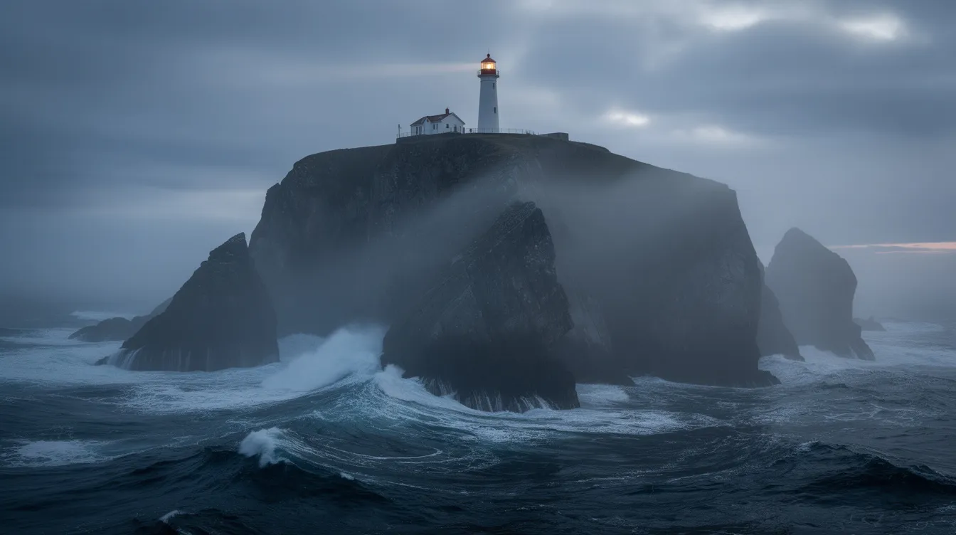 Die dramatische Felseninsel mit einem Leuchtturm ragt aus dem dichten Nebel, während die aufgewühlte See im Hintergrund tobt. Diese atmosphärische Weitwinkelaufnahme bei Dämmerung vermittelt ein Gefühl von Spannung und Geheimnis, das an die psychothrillerhaften Elemente von Martin Scorseses Verfilmung "Shutter Island" erinnert.