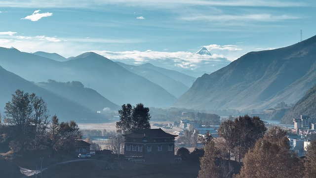 village, mountains, fog