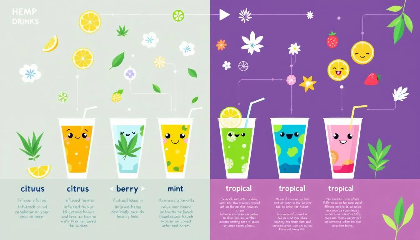 Different types of infused hemp drinks, showcasing a range of flavors and colors.