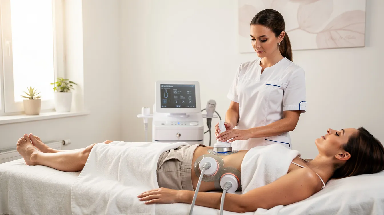 A person is receiving a non-surgical fat freezing treatment on their lower abdomen in a clean clinical spa environment, aimed at reducing stubborn fat pockets and contouring the body without the need for surgical procedures. The treatment utilizes controlled cooling to freeze fat cells, promoting body sculpting and fat reduction while ensuring little to no downtime.