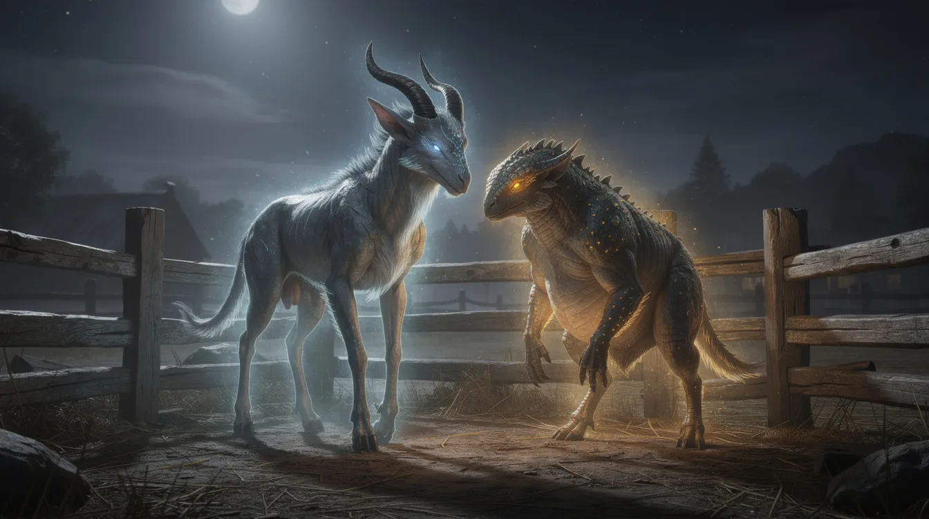 The image depicts two fantasy creatures, a female katress and a female wixen, glowing softly as they stand close together inside a wooden farm enclosure at night. This serene scene suggests a breeding farm atmosphere, where the two pals may be preparing to produce eggs, highlighting the enchanting world of pal breeding combinations.