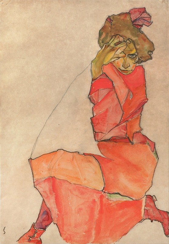 A woman in a red orange dress with red hair and red lipstick by Egon Schiele, who painted many portraits that instantly grab people's attention and are intended to portray the sexually desirable.