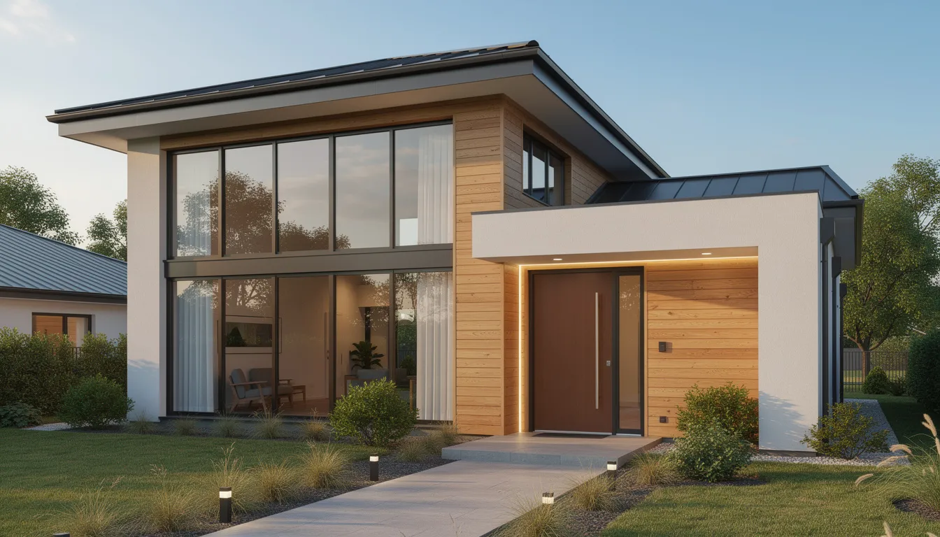 Das Bild zeigt ein modern renoviertes Haus mit großen, energieeffizienten…