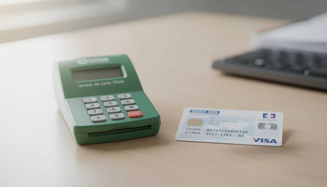 Un lecteur de carte Vitale et une carte CPS sont posés sur un bureau, illustrant les outils essentiels pour la facturation des soins infirmiers en France. Cette image évoque le cadre de travail des infirmiers et infirmières libérales, ainsi que les démarches liées à la prise en charge des patients.