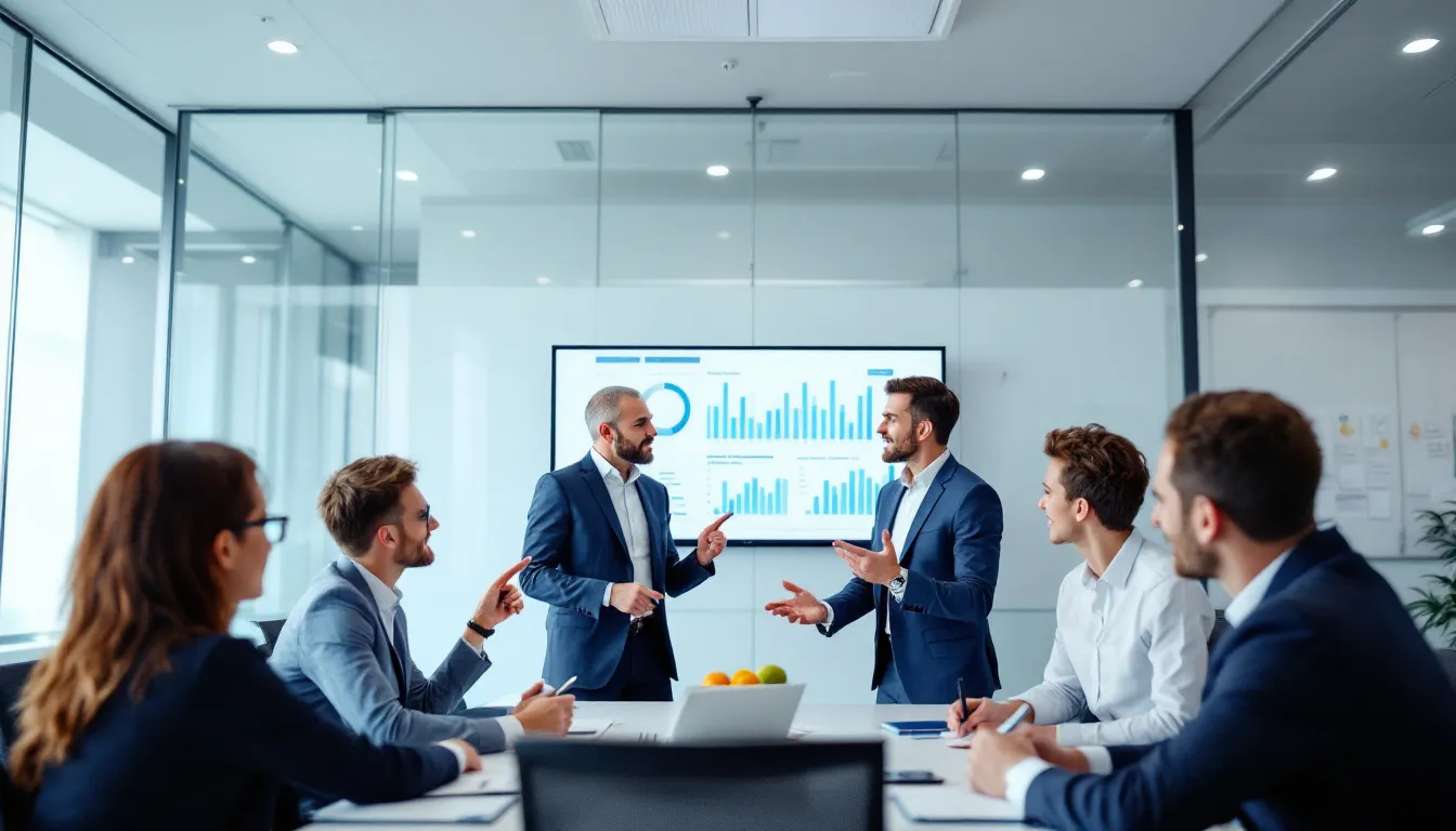 A business team is gathered around a conference table, analyzing performance metrics of AI chatbots while discussing the challenges of their implementation. Various charts and graphs illustrating customer interactions and user queries are displayed on a screen, highlighting the importance of natural language processing and machine learning in enhancing customer experiences.
