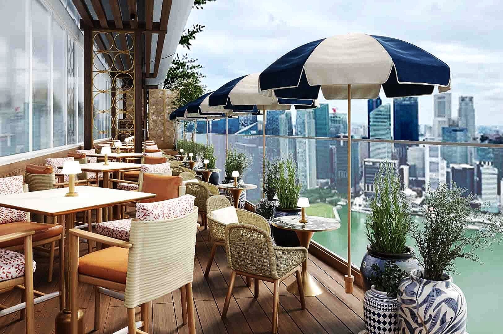 Scenic dining area in an Italian restaurant at Marina Bay Sands, with tables overlooking the vibrant cityscape.