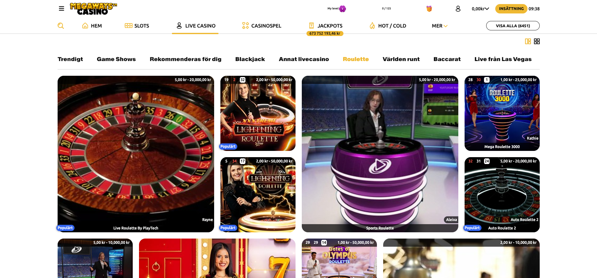 Live roulette hos Megaways Casino med flera bord och spel från välkända live casinoleverantörer.