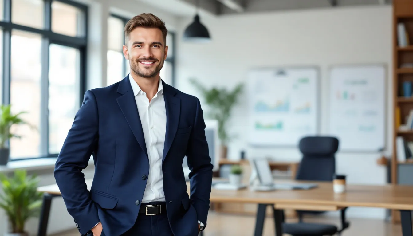 A confident small business owner stands in an office, reflecting success after making a strategic financial decision. With expert advice and a clear understanding of their business needs, they have navigated the loan options available through a business loan marketplace, ensuring the future growth and cash flow of their business.