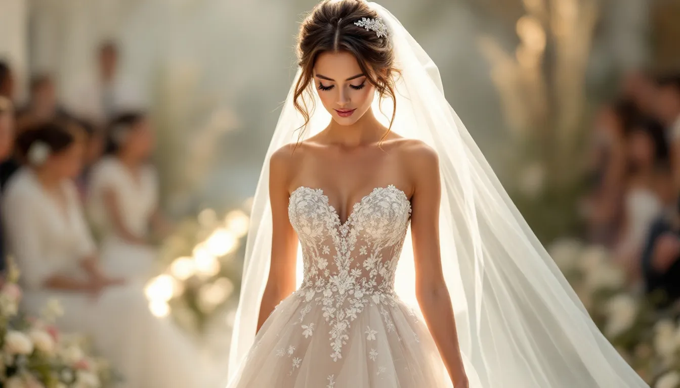 A bride with a glamorous long veil walking down the aisle.