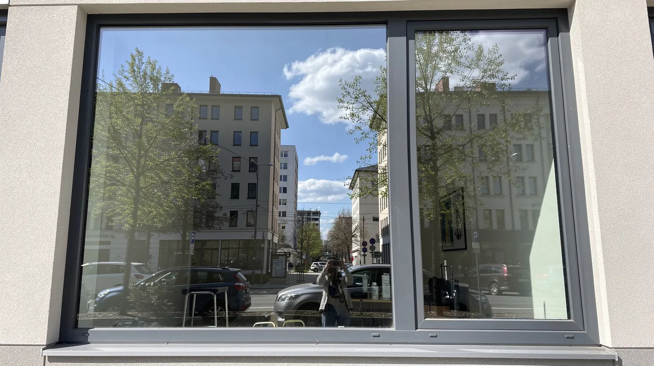 The image depicts a window covered with reflective window film, showcasing a mirror effect during daylight hours. This one way window film provides daytime privacy while allowing natural light to fill the space, creating a bright and inviting atmosphere.