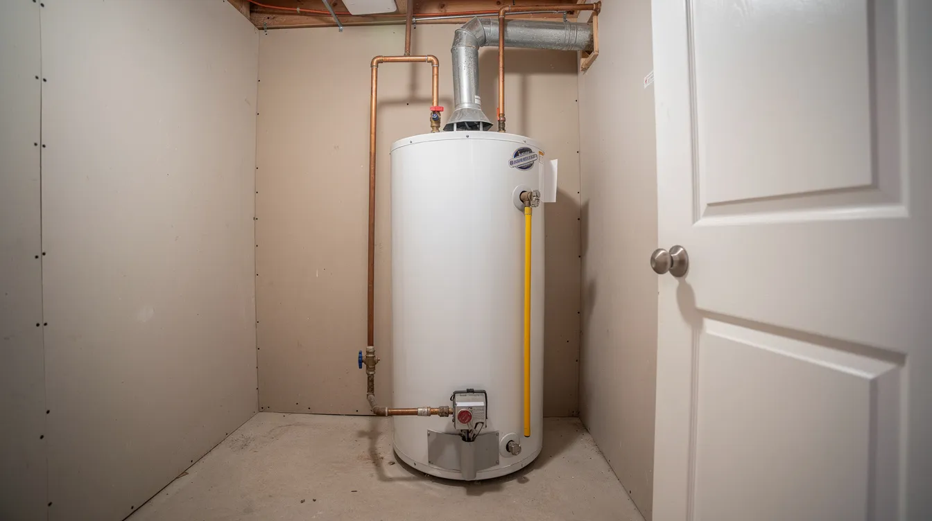 The image depicts a traditional tank water heater installed in a residential utility closet, featuring copper piping connections that are essential for plumbing repairs. This setup highlights the importance of reliable plumbing services for homeowners in Tacoma, WA, ensuring efficient hot water access.