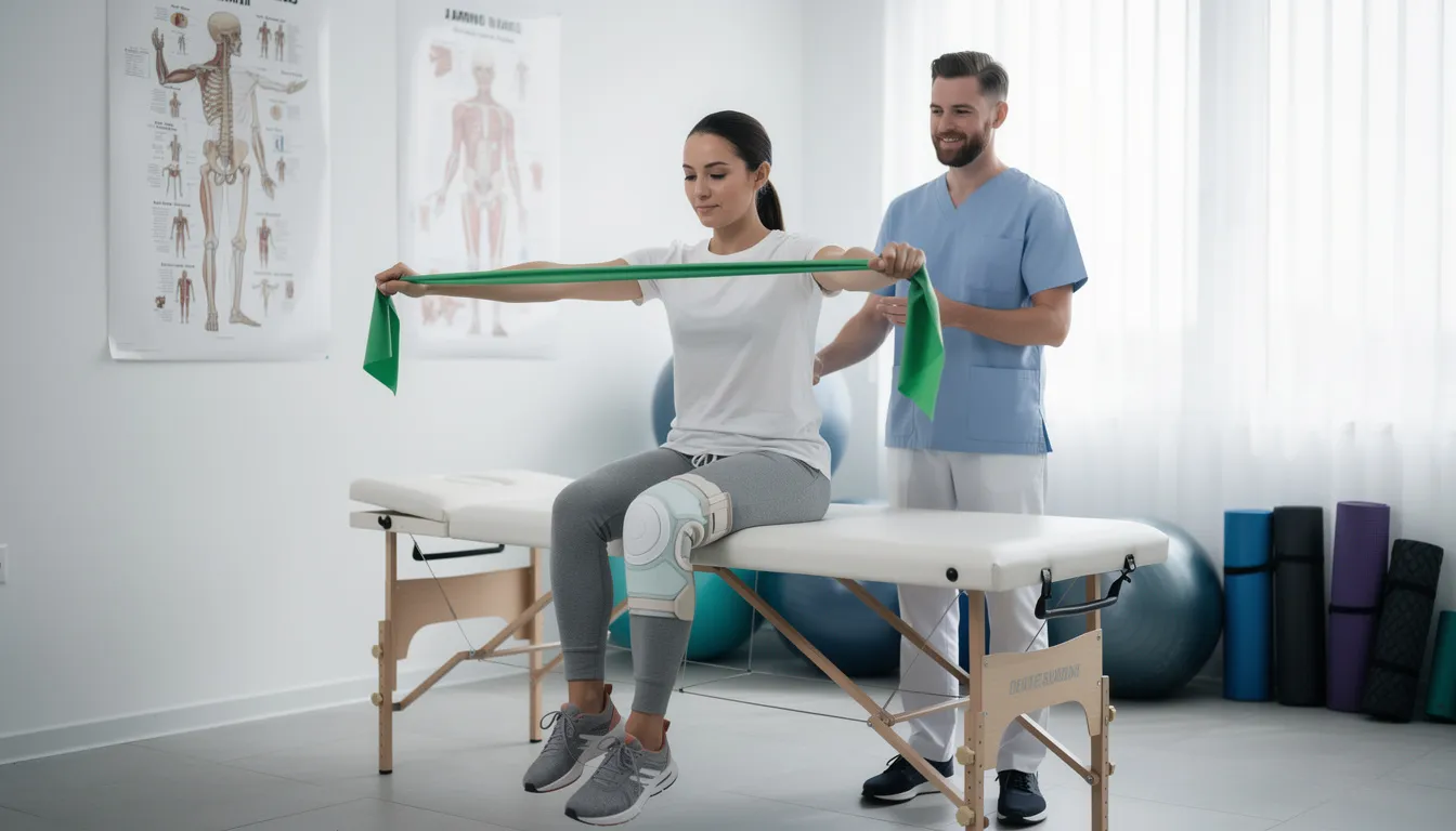 A person is performing physical therapy exercises using a resistance band to enhance muscle strength and aid in muscle recovery. This exercise is part of a regimen to help heal muscle fibers and improve overall athletic performance.