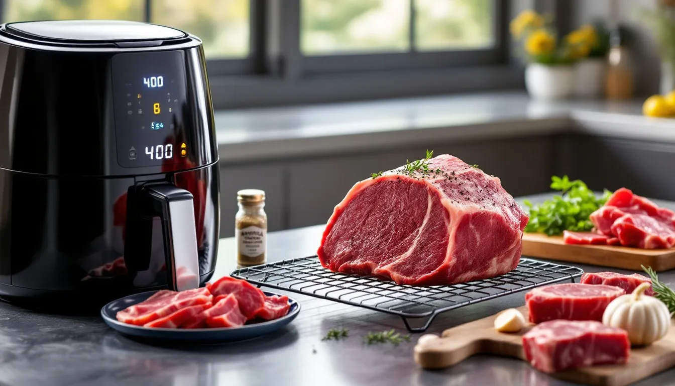 Ingredients for air fryer roast beef including various cuts of beef and seasoning.
