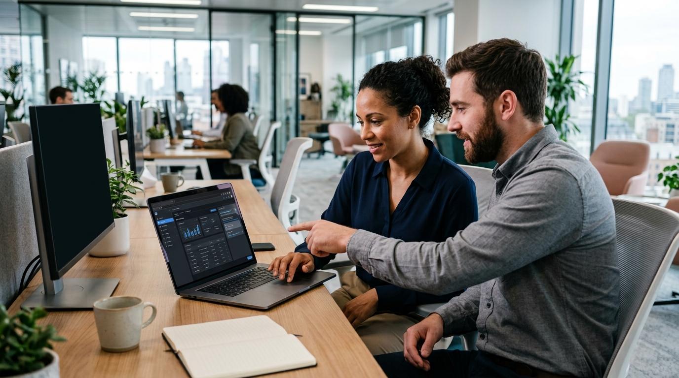 "New software users exploring a cloud-hosted application through an interactive browser-based training environment with guided workflows.