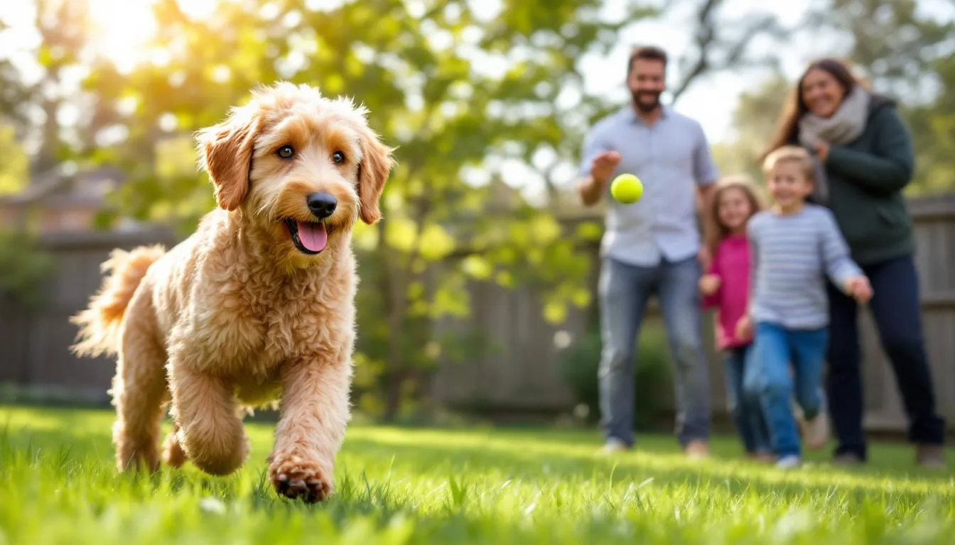 In a sunny backyard, a family is joyfully playing fetch with their F1 Goldendoodle, a hybrid dog with a mix of golden retriever and poodle traits. The dog, with its wavy, non-shedding coat, eagerly retrieves a ball, showcasing the playful and friendly personality typical of this generation of goldendoodles.