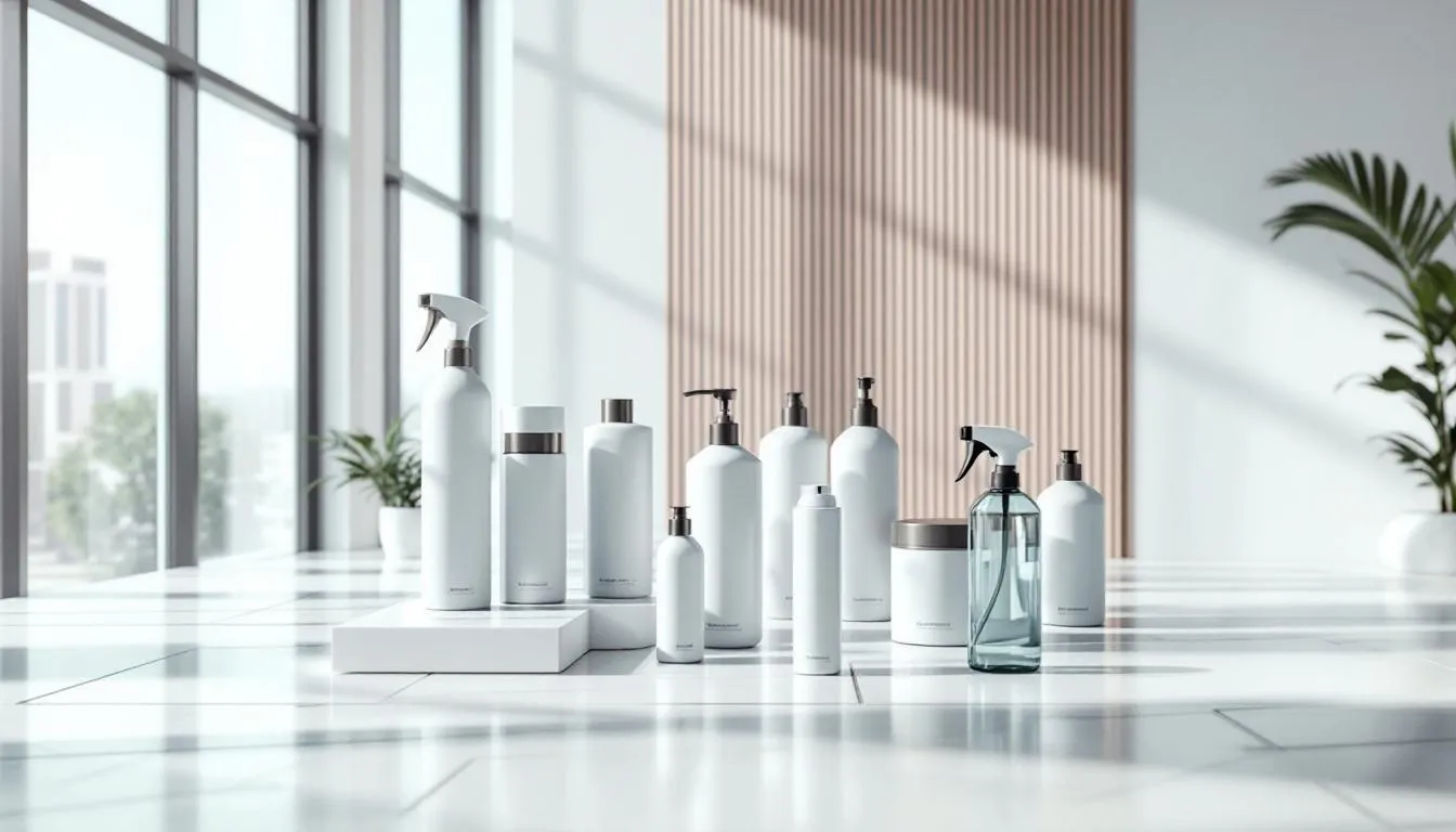 Eco-friendly cleaning products displayed in a bright and clean environment.