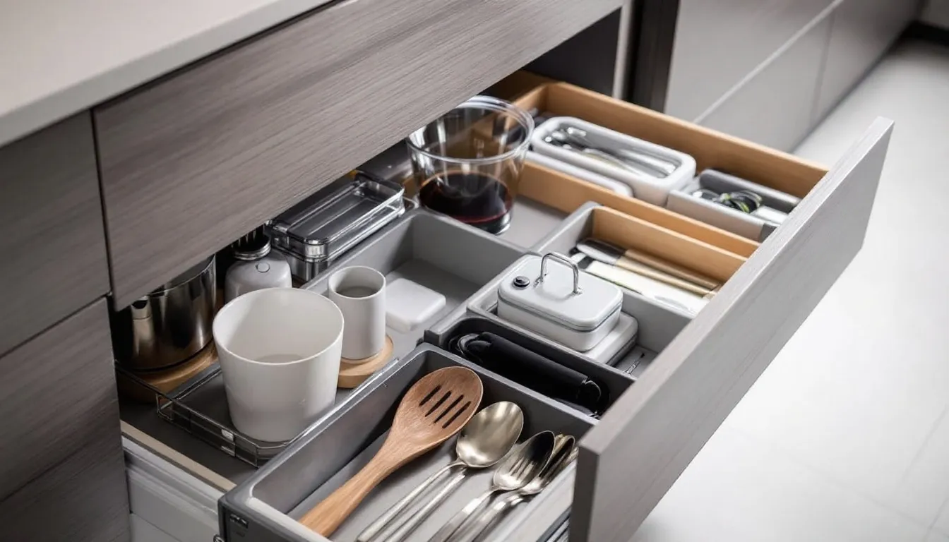 In the image, organized kitchen drawers showcase custom storage solutions and pull-out shelves, highlighting a functional space that maximizes countertop and prep areas. This thoughtful kitchen design improves functionality, making it an ideal choice for homeowners considering a kitchen remodel or renovation.