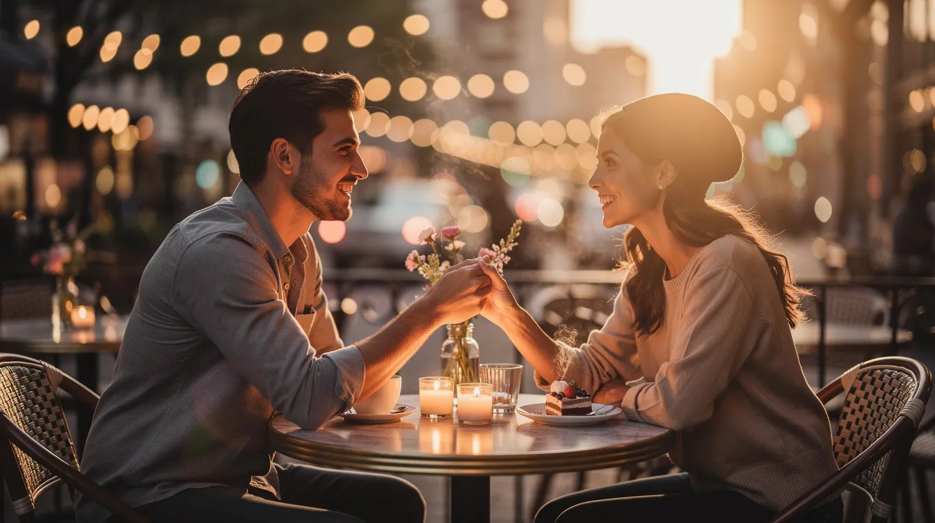 A couple is enjoying a romantic date at a cozy restaurant, sharing laughter and deep conversation, creating a strong love connection. The ambiance is filled with soft lighting, enhancing their compatibility and the special moment they are experiencing together.