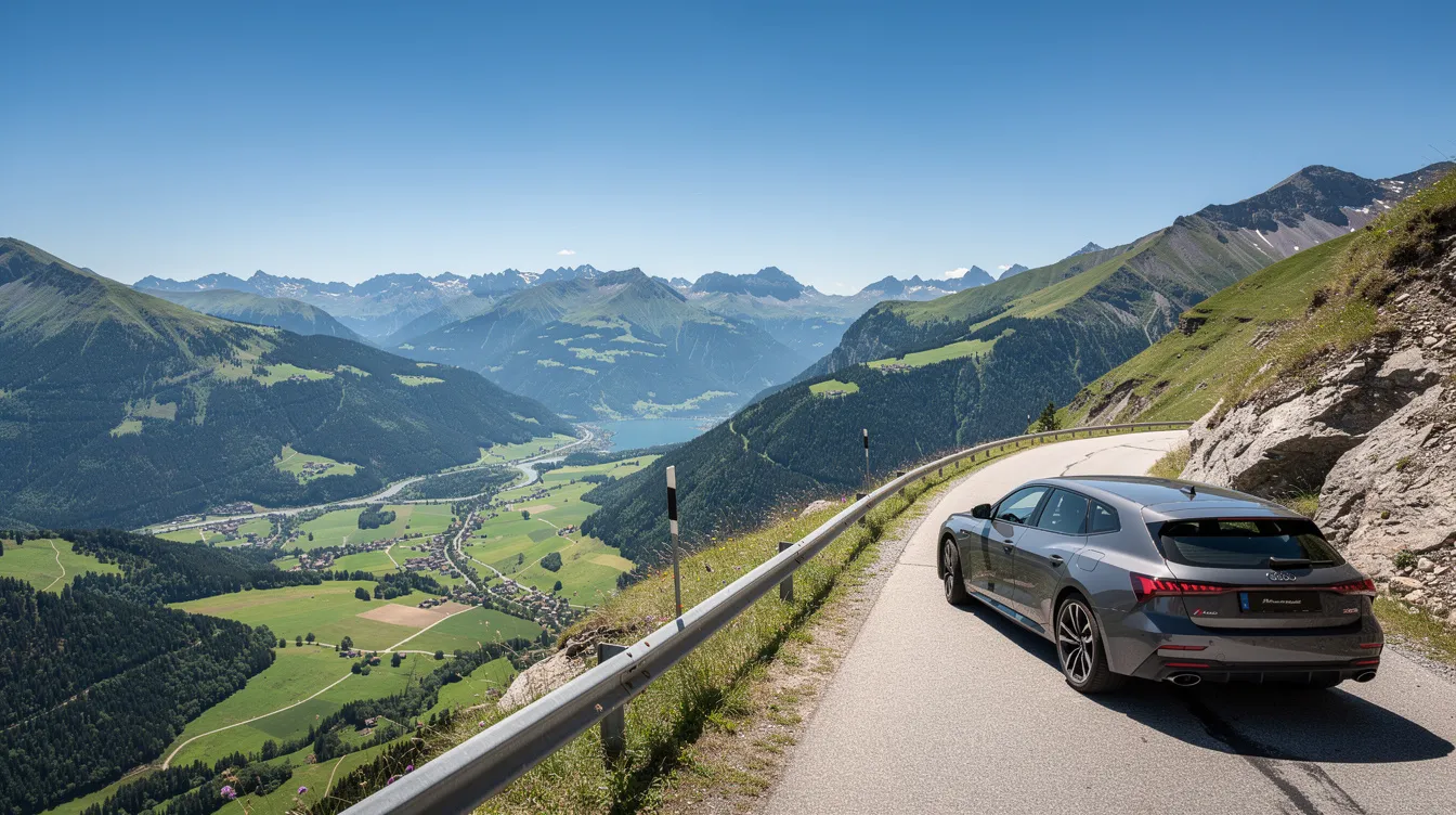 Une voiture garée au bord d'une route de montagne avec vue sur une vallée verte.