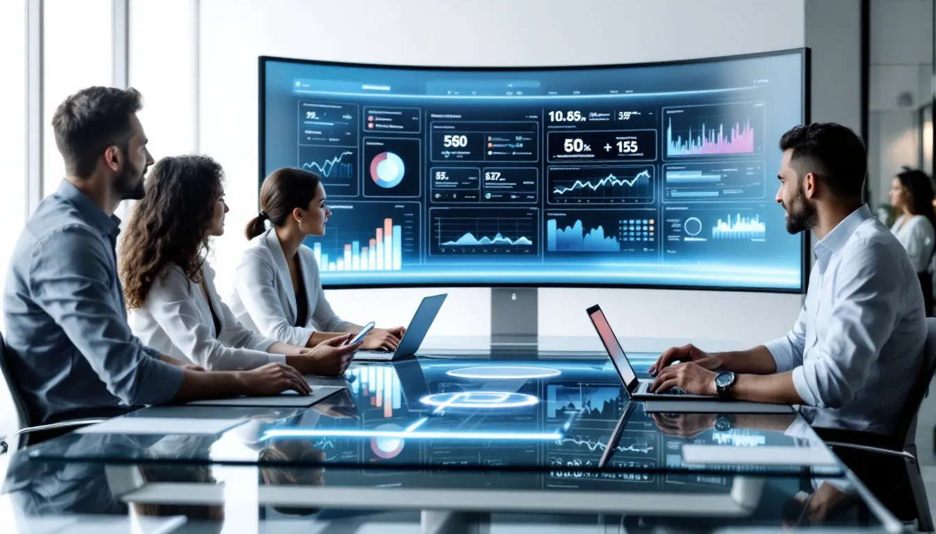 En la imagen se observa a un grupo de profesionales de ventas en una reunión moderna, utilizando herramientas de inteligencia artificial y pantallas digitales para analizar datos y establecer estrategias de ventas. Los participantes interactúan de manera activa, discutiendo sobre clientes potenciales y optimizando sus campañas de marketing.