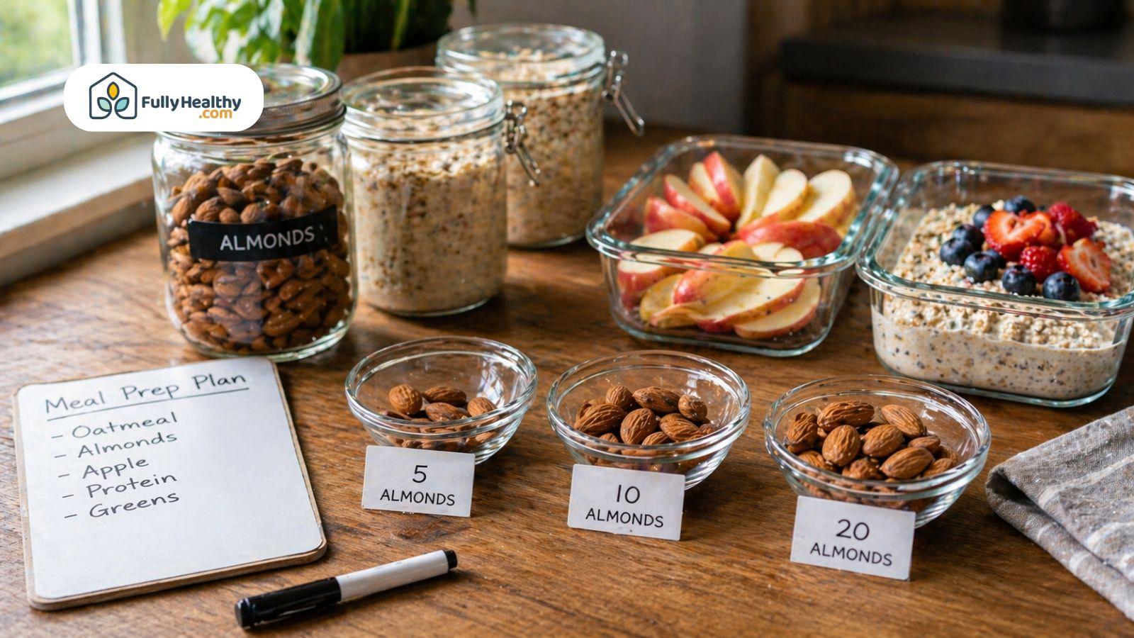 Meal prep setup with almonds portioned into 5 10 and 20
