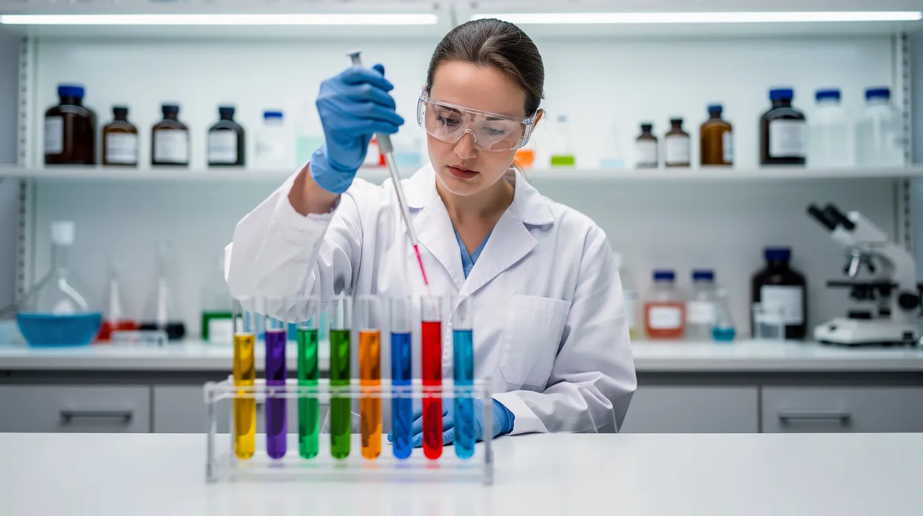 The image shows a researcher in a laboratory, focused on their work with test tubes and various scientific equipment. This setting reflects the pursuit of a more comprehensive understanding of metabolic health and cellular energy, potentially contributing to advancements in areas such as healthy aging and mitochondrial function.