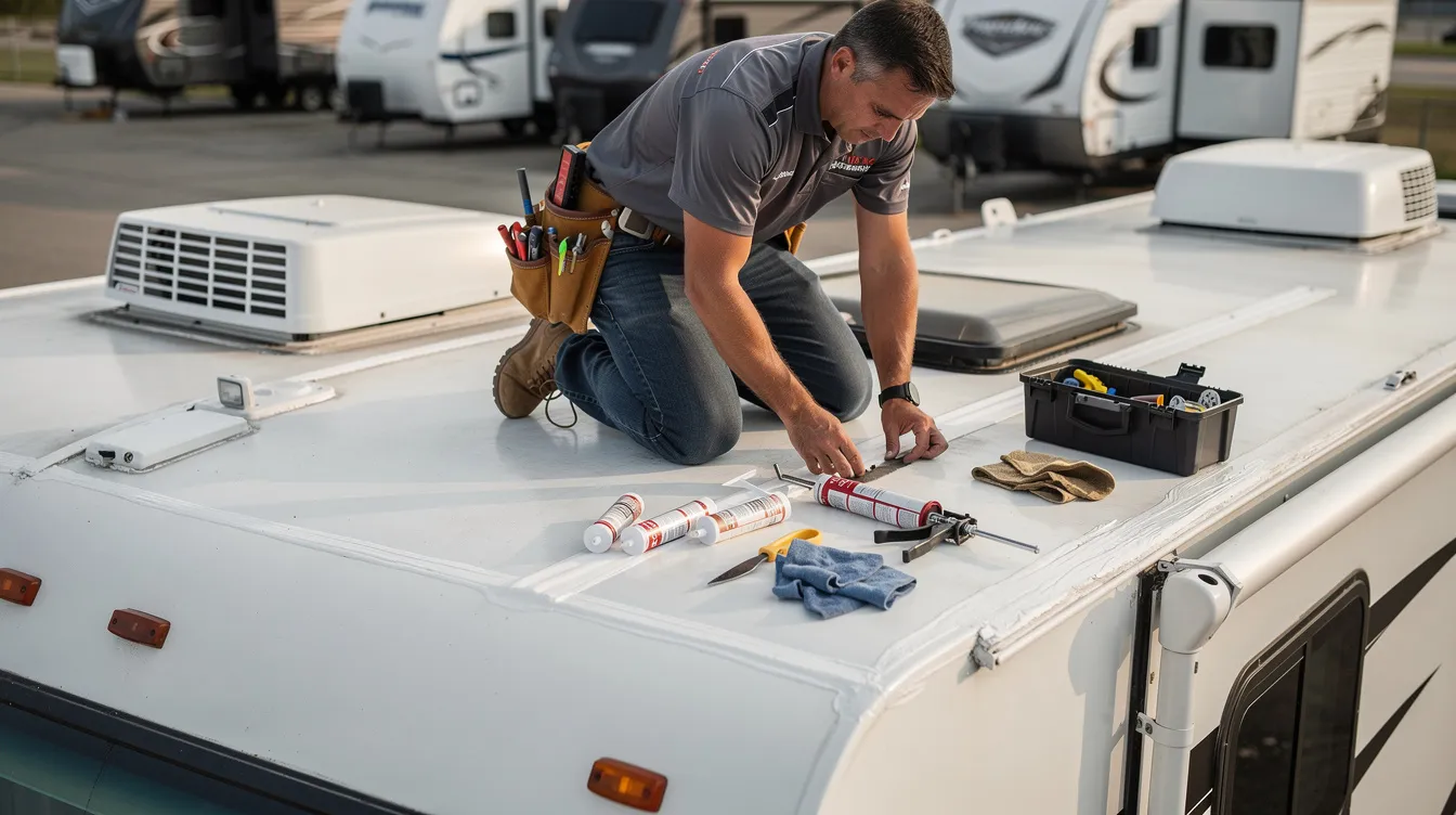 A certified technician is inspecting the roof of a travel trailer, with tools and sealant neatly laid out beside them, demonstrating the thoroughness of mobile RV repair services for RV owners. This scene captures the essential maintenance and repair work needed to ensure the RV is in top condition for future trips.