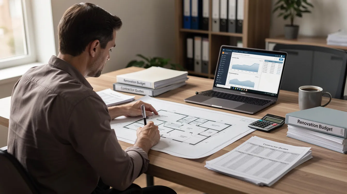 A person is seated at a desk, intently reviewing property renovation plans alongside financial documents related to investment properties. The scene suggests a focus on hard money lending, indicating a strategic approach to financing renovations for real estate investments in Chicago, Illinois.